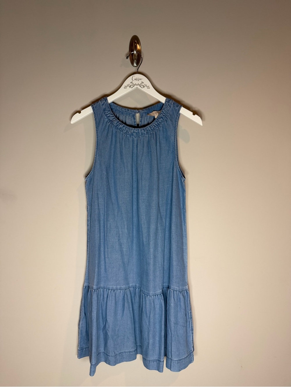 NWT LOFT Blue Chambray Sleeveless Ruffle Hem Dress Size S